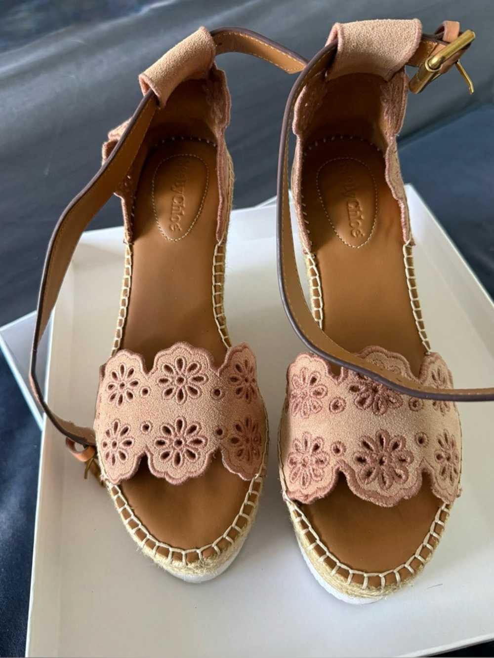 See By Chloe Blush Pink Floral Suede Espadrille Wedges